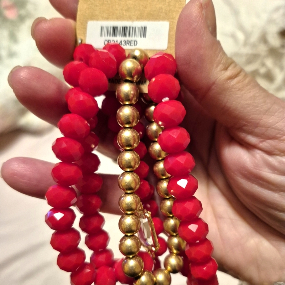 Vibrant Red and Gold Faceted Beaded Bracelet